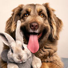 A dog with its tongue out hugging a brown white rabbit bunny with Generative AI technology