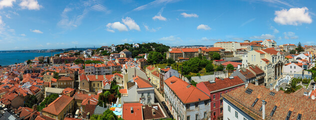 Fototapeta na wymiar Lisbon city summer top panorama, Portugal. People are unrecognizable.
