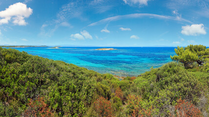 Aegean sea coast landscape, view near Karidi beach (Chalkidiki, Greece).
