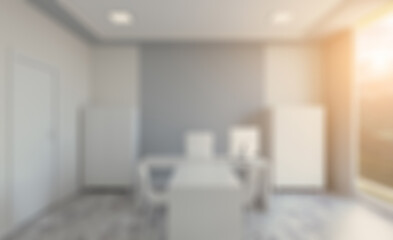 Elegant office interior. Mixed media. 3D rendering.. Sunset.. Abstract blur phototography.