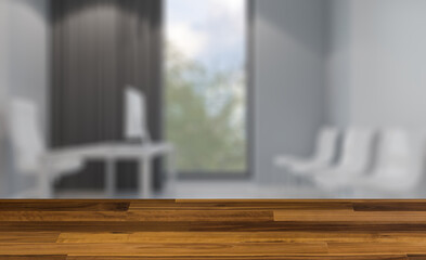 Modern office building interior. 3D rendering.. Background with empty wooden table. Flooring.