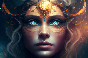 Meditative woman with third eye, psychic supernatural senses, ai illustration