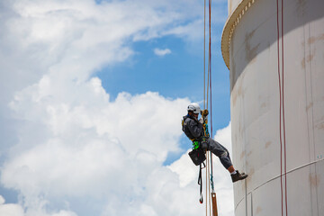 Male worker down height tank shell plate rope ladder  access safety inspection of thickness storage tank