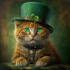 St Patricks Day Cat with Green Eyes - AI Generative