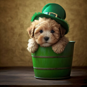 St Patricks Day Maltipoo Puppy In Bucket - AI Generative