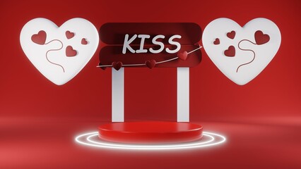 3D rendering of red podium for Valentine products on Valentine's Day.