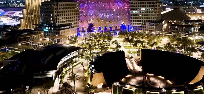 Dubai. UAE - 12.12.2022 - Areal view of some of the pavilions, Al Wasl dome and water feature at EXPO 2020.