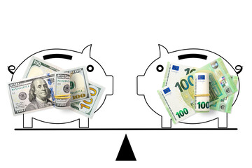 100 US dollars and 100 euros banknotes on scales. Euro and dollar rate concept. Top view of the...