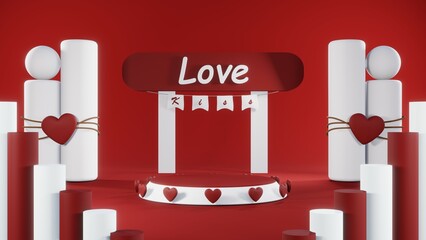 3D rendering of red podium for Valentine products on Valentine's Day.