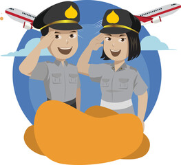 Two police men and women. with Airplane and Clouds Background