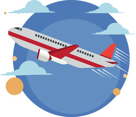 Red airplane vector illustration. against a cloud background