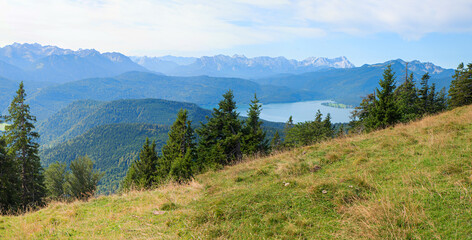view from Hirschhornl mountain to bavarian alps and lake Walchensee