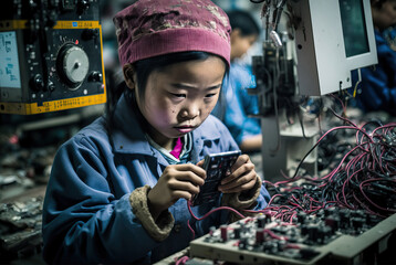 Child labour in electronics industry - a small asian girl assembling a smartphone or computer in a factory, generative ai - obrazy, fototapety, plakaty