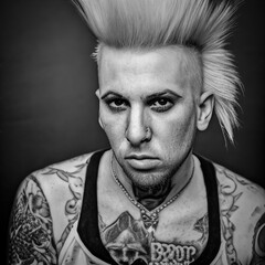 Obraz premium Generative AI - Black and White Attitude: A Portrait of a Hardcore Punk Rock Man with Mohawk and Tank Top