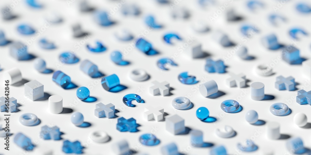 Poster white and blue 3d shapes memphis geometrical primitives pattern on white background with selective f