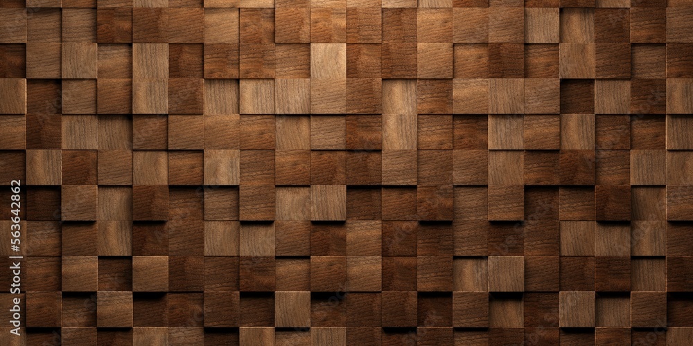 Poster close up of wooden cubes or blocks randomly shifted surface background texture, empty floor or wall 