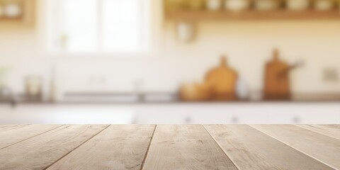Empty wooden table top with out of focus lights bokeh rustic farmhouse kitchen background - obrazy, fototapety, plakaty