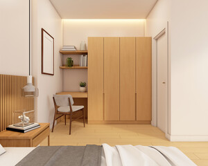 Japanese minimalist bed room decorated with wood wardrobe and wood floor. 3d rendering