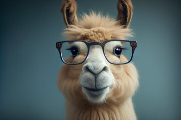 Obraz premium Portrait of a funny llama in glasses, ai illustration