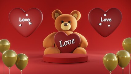 3D rendering of red podium for Valentine products on Valentine's Day.
