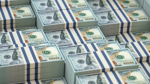 Dollar pack stacks.  100 dollar banknotes. Business financial and investment  concept. 3d loopable seamless animation