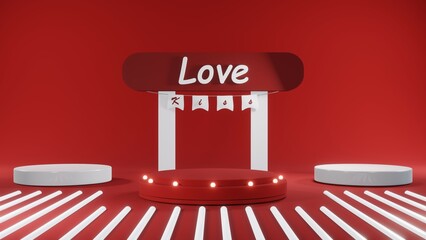 3D rendering of red podium for Valentine products on Valentine's Day.