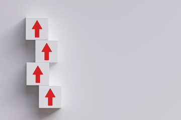 Red arrows on white background point in same direction. Leadership business concept aiming for success. Teamwork, target objective achievement. With business design copy space. 3D illustration