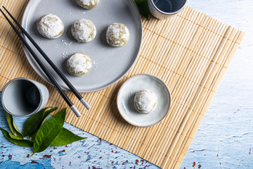 Green tea Mochi on Japanese table top.