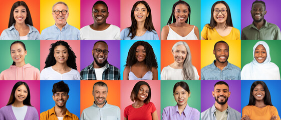 Diverse Happy People Of Different Age And Ethnicity Posing Over Colorful Backgrounds