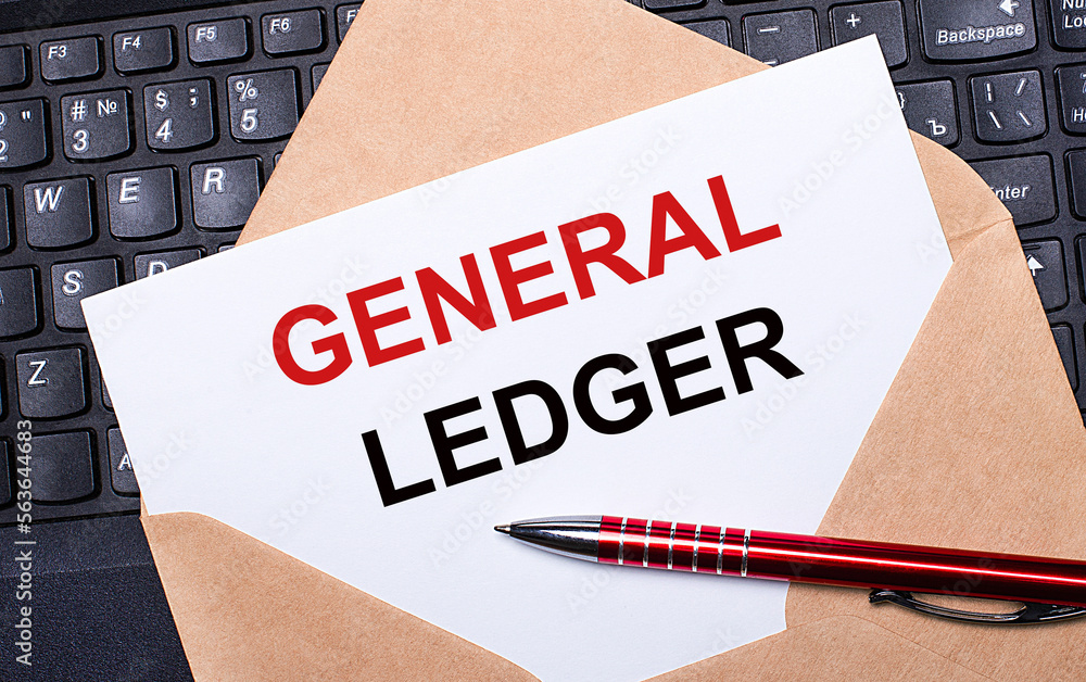 Poster white card with the text general ledger in a craft envelope on a work desk with a modern laptop keyb