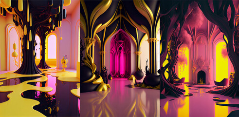 Fototapeta premium Surreal interior design of magical castle hall. 3d rendered . Pink and black color tone, collection