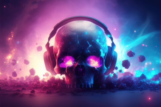 T&ecirc;te de mort DJ musique &eacute;lectro. Cr&acirc;ne avec casque de gamer jeux vid&eacute;o. D&eacute;co pop art moderne. Generative AI.