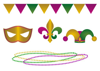 Mardi Gras Carnival Design Elements Masquerade mask, garland, Fleur de lis, beads and Jester hat Holidays stickers set Vector illustration Isolated on white background