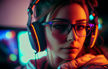 Beautiful Friendly Pro Gamer Girl Does Video Game Gameplay stream, Wearing Glasses. Attractive Geek Girl with Cool Neon Color Background Generative AI.