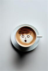The milk on the coffee presents a cartoon face.