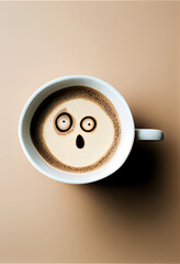 Top down shot of coffee with a cartoon human face on it