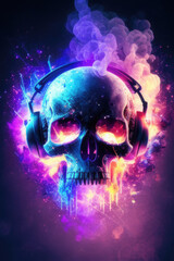 Tête de mort DJ musique électro. Crâne avec casque de gamer jeux vidéo. Déco pop art moderne. Generative AI.