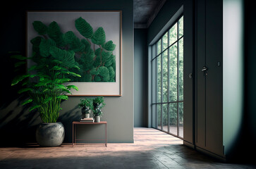 Fototapeta premium modern interior design of a gray corridor with plants
