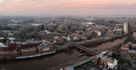 Fototapeta na wymiar Aerial view of the North Yorkshire market town of Selby at sunrise