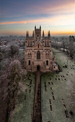 Aerial view of the North Yorkshire market town of Selby with the Abbey at sunrise