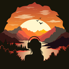 A silhouette of a girl looking at the mountains while listening to music with headphones. Wonderful cozy view of the river, mountains, forest and sunset - sunrise. Warm colors. Vector illustration