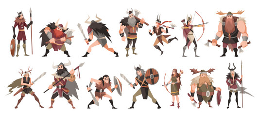 Cartoon viking characters. Funny medieval warriors, women and kids, men in horned helmets, animal skins, hold weapons and wooden traditional shields, medieval folk people, tidy vector set