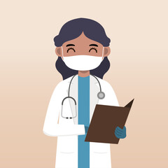Fototapeta premium Front view doctor character. Doctor character creation set with face emotion, pose and gesture. Cartoon style, flat vector illustration.Female doctor using mask. finger pointing up, holding clipboard.