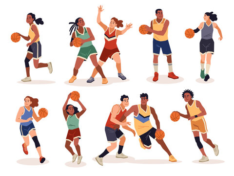 Female basketball players. Cartoon athletes in uniforms, men and women lead ball, defend and attack, game techniques and poses, people playing sport game, tidy cartoon flat vector set