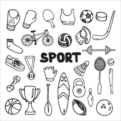 Sport equipment set doodle style vector illustration isolated on white