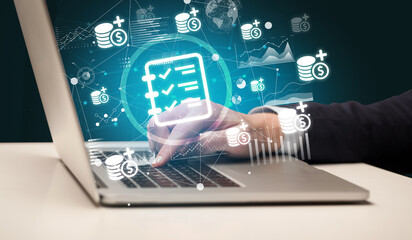 Business hand working on laptop, successful business concept