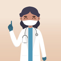 Front view doctor character. Doctor character creation set with face emotion, pose and gesture. Cartoon style, flat vector illustration.Female doctor using mask. finger pointing up, holding clipboard.