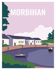 travel poster of sunset view in Morbihan, France. vector illustration landscape background with colored style.  - obrazy, fototapety, plakaty