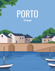 Panoramic view of Porto, Portugal. Old town on the Douro River. vector illustration background landscape with colored style for poster, postcard, card, art print, etc. - obrazy, fototapety, plakaty