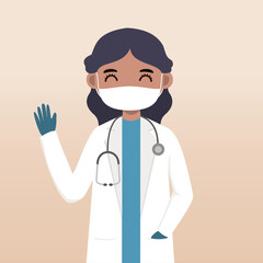 Fototapeta premium Front view doctor character. Doctor character creation set with face emotion, pose and gesture. Cartoon style, flat vector illustration.Female doctor using mask. finger pointing up, holding clipboard.